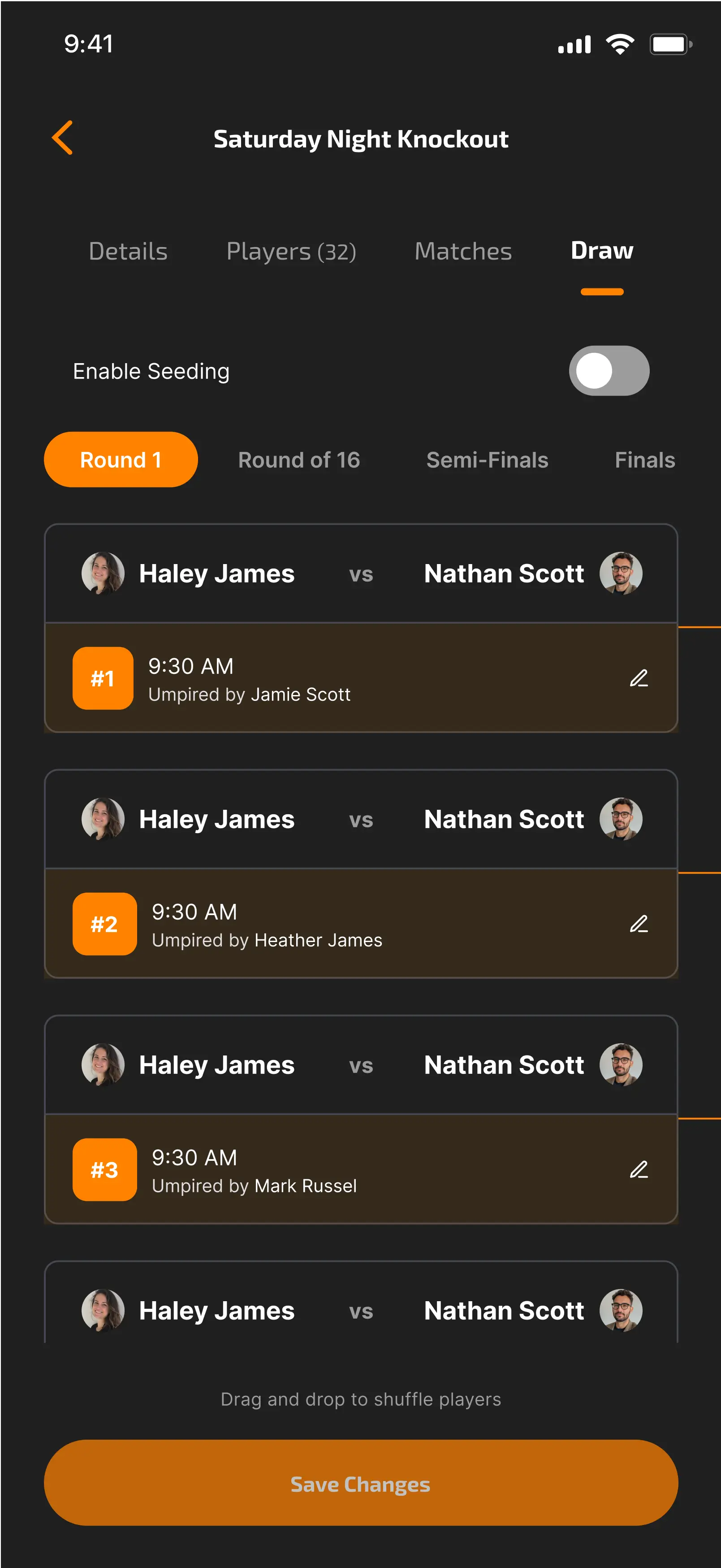 Tournament Details - Draw Setup screen